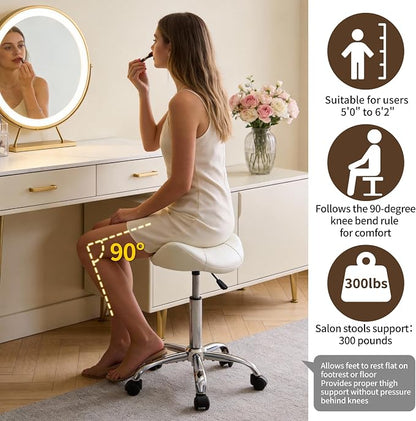 FIRAVOE Saddle Stool, Swivel Saddle Stool with Wheels, Adjustable Rolling Stool 18"-26", Faux Leather Rolling Stool for Salon, Massage, Clinic, Lab, Office, White, 1PCS