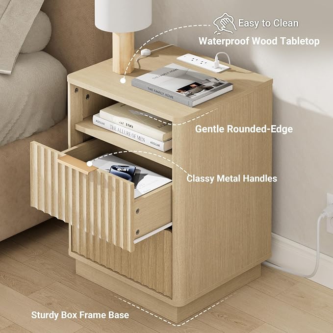 Fluted Nightstand, Modern Night Stand, 2 Drawers Nightstand with Charging Station, Wooden End Table w/Storage, Bedside Table for Bedroom Sofa Home Office, Curved Corners Design, Natural Oak