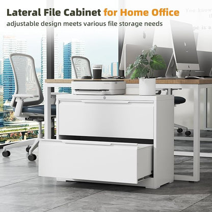 Lateral File Cabinet, 2 Drawer Metal File Cabinet with Lock, Lateral Filing Cabinet for Home Office, Office Organization Cabinet for Letter/Legal/F4/A4 Size,White