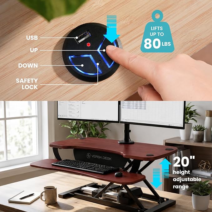 VERSADESK PowerPro 36 Inch Electric Standing Desk Converter – Push-Button Height Adjustable Sit to Stand Desk Riser for Dual Monitors & Laptop – Motorized Desktop Workstation with Wide Keyboard Tray