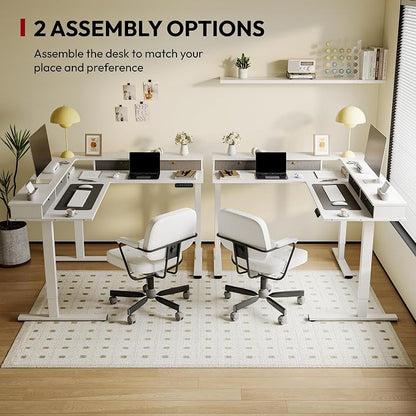 SANODESK 71" L Shaped Standing Desk with 4 Drawers, Height Adjustable Stand up Desk, Corner Gaming Desk with Monitor Stand, White Frame/White Top