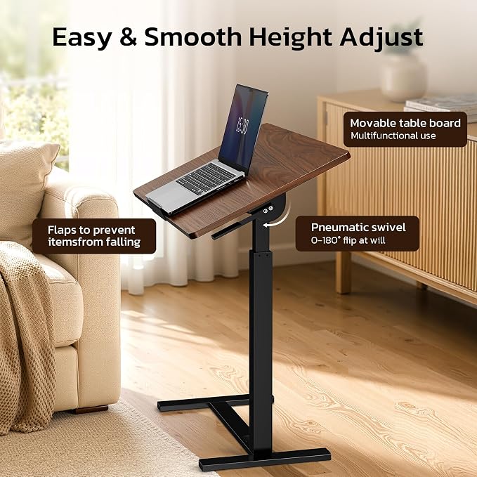 Mobile Standing Desk Adjustable Overbed Table, Pneumatic Height Adjustable Rolling Laptop Desk with Hidden Wheels, 0-180°Tilt Top Rolling Computer Cart Foldable for Home Office, Craft & Study, Brown