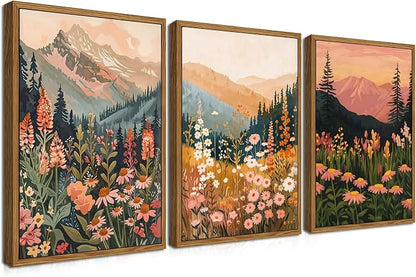 Floating Framed Boho Colorful Mountain Wall Art Set of 3, Vintage Wildflower Landscape Canvas Wall Decor Paintings, Nature Floral Forest Posters Pictures Prints for Living Room Bedroom 12x16 Inch