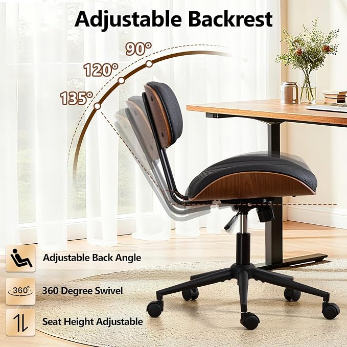 Home Office Chair with Wheels, Adjustable Height Desk Chair Leather Swivel Computer Chair, Armless Modern Walnut Chair for Office, Meeting Room, Black
