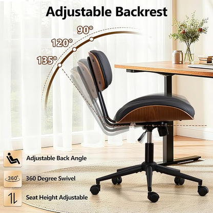 Home Office Chair with Wheels, Adjustable Height Desk Chair Leather Swivel Computer Chair, Armless Modern Walnut Chair for Office, Meeting Room, Black