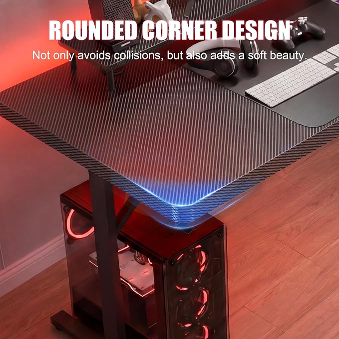 GTPLAYER Gaming Desk 55 Inch with LED Lights, Large Computer Desk with Mouse Pad for Home Office, T-Shaped Carbon Fibre Surface PC Game Workstations with Headphone Hook