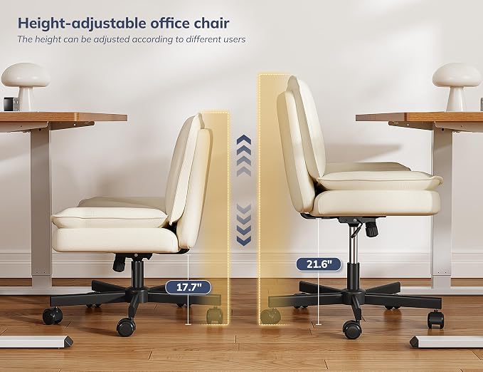 DurayLoly Criss Cross Chair with Wheels, Armless Cross Legged Office Chair with 2 Layer Comfy Leather & Back, 90°-120° Reclining, Wide Vanity Chair for Home Office, Beige