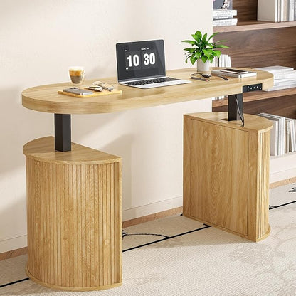 Mid Century Modern Electric Standing Desk with Storage, 55 x 22 Inch Small Sit Stand Up Desk, Wood Adjustable Height Computer Executive Desk for Home Office, Laptop, Oak
