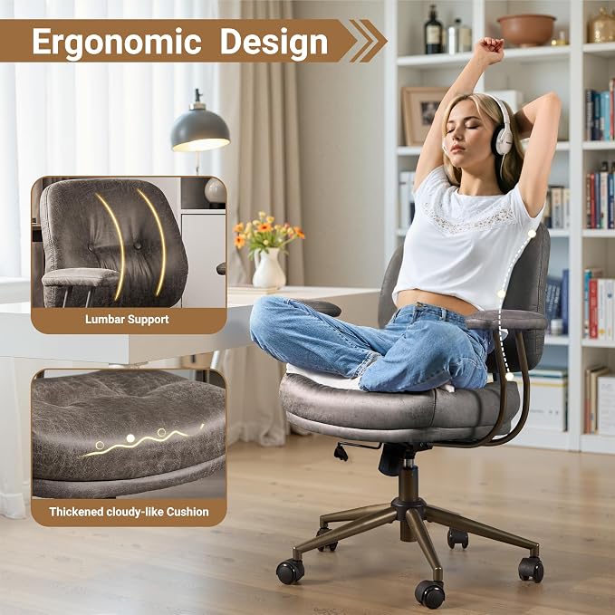 Ergonomic Home Office Chair, Mid-Century Faux Leather Home Office Desk Chairs with Wheels, Office Computer Chair with Rocking Swivel (Gray,Suede)