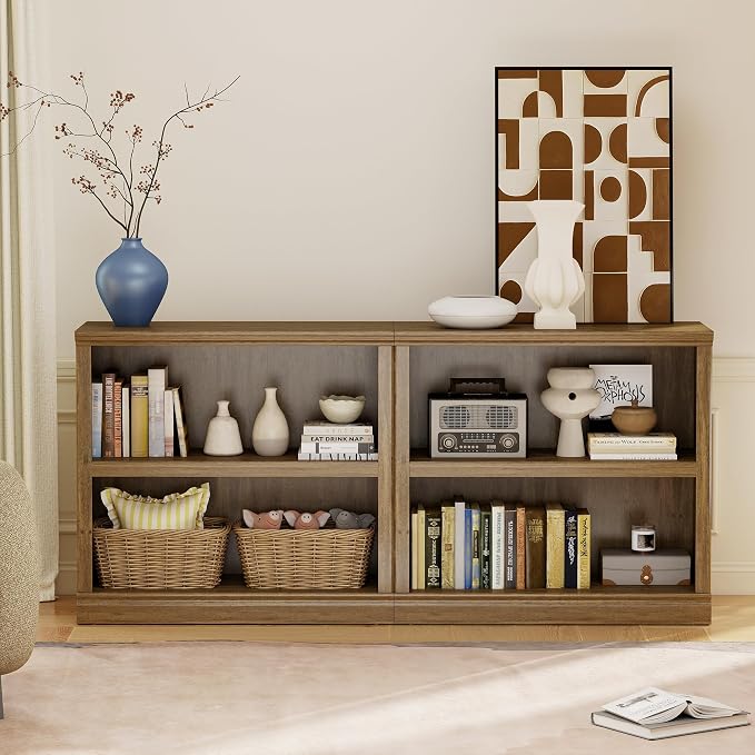 blini Wooden Bookshelf and Bookcase 2 Shelf Double Wide Large Bookshelves Vintage Oak Bookshelf Low Horizontal Book Case for Living Room, Home Office, Library (Vintage Oak, 2-Shelf)