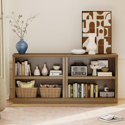 blini Wooden Bookshelf and Bookcase 2 Shelf Double Wide Large Bookshelves Vintage Oak Bookshelf Low Horizontal Book Case for Living Room, Home Office, Library (Vintage Oak, 2-Shelf)