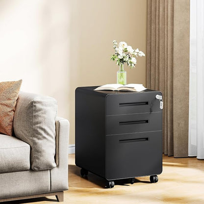 MIIIKO Mobile Filing Cabinet 3 Drawer, Rolling Small File Cabinet with Keys Under Desk, Modern Black Filing Cabinets for Home Office with Anti-tilt Wheels, A4/Letter/Legal Hanging File Drawers