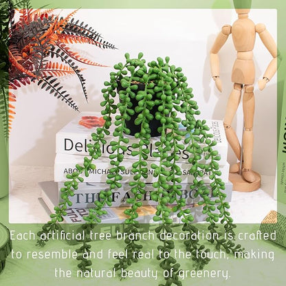 Realistic Artificial String of Pearls Plant - Faux Hanging Succulent Trailing Plant with Black Pot, Natural-Looking Small Potted Faux Plant Indoor Outdoor for Home Office Shelf Decor