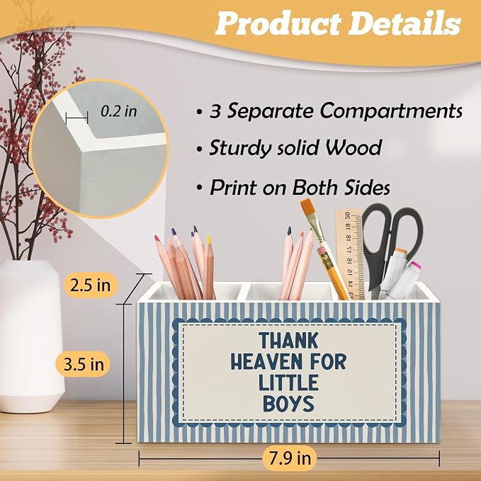 Boys Room Decor Pen Holder Organizer for Desk Accessories, Thank Heaven for Little Boys Retro Blue Striped Wooden Box Sign Desk Decorations for Kids Boy Nursery Room Bedroom Playroom Decor