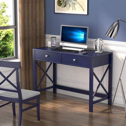 WiberWi Home Office Desk with Drawers, Modern Writing Computer Desk for Bedroom, Small Makeup Vanity Table Study Table for Home Office,Navy