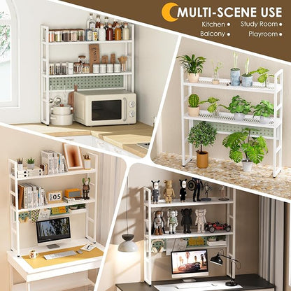Brakki Desk Shelf, Desk Hutch Bookshelf, Desktop Shelf with Pegboard, White | L35.43", 2 Tier Bookcase, for Computer Monitor, Metal Desktop Hutch, Storage Organizer for Dorm Home Office