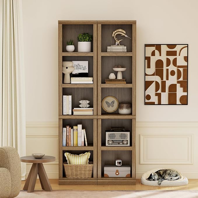 blini Wooden Bookshelf and Bookcase 5 Tier Narrow Bookshelves Set of 2, Vintage Oak Tall Bookshelf with Storage Cabinets for Living Room, Home Office, Library (Vintage Oak, 5-Shelf Narrow)