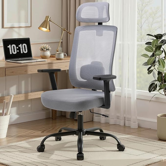 Ergonomic Office Chair, Office Desk Chair with High Back Mesh and Adjustable Lumbar Support, Rolling Work Chairs with Wheels and Adjustable Headrests, Wide Cushion, Set of 4, Grey