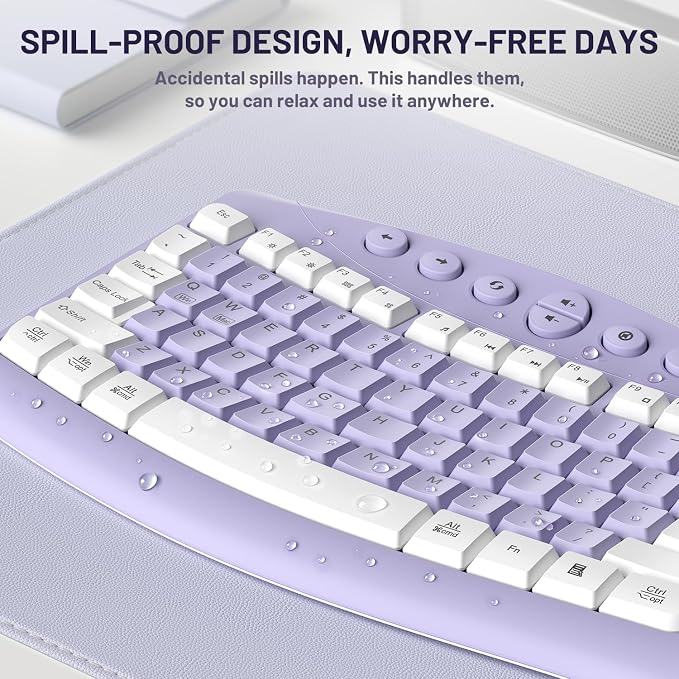 Wireless Keyboard and Mouse Combo,2.4G Full Size Ergonomic Curved Silent Keyboard with Fn Multimedia Keys for Office and Home, 3-DPI Quiet Mouse for Windows,Mac OS Desktop/Laptop/PC (Purple-A)