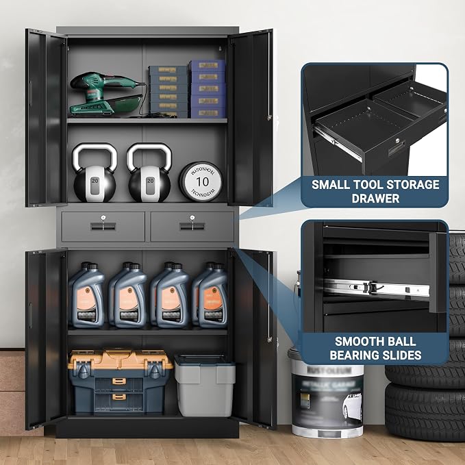 71" H Tall Metal Storage Cabinet with 2 Drawers, Metal Garage Storage Cabinet with Lock and 2 Adjustable Shelves for Home, Office, Garage, Warehouse Organize, Black
