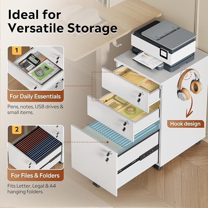 DEVAISE 3 Drawer Mobile File Cabinet with Individual Locks, Wood Filing Cabinet for Office, Under Desk Printer Stand with Wheels, Fits Letter/A4/Legal Size, White