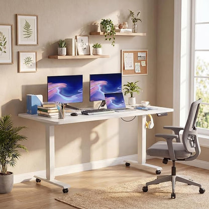 Electric Standing Desk with Power Outlets and USB-C Port, 48 x 24 Inches Adjustable Height Sit Stand Up Desk for Home Office, Adjustable Desk with Memory Preset and Wheels, White