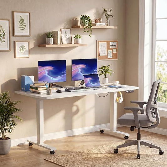 Electric Standing Desk with Power Outlets and USB-C Port, 48 x 24 Inches Adjustable Height Sit Stand Up Desk for Home Office, Adjustable Desk with Memory Preset and Wheels, White