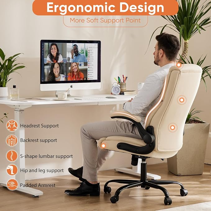 Sweetcrispy Office Executive Chair - Heavy Duty High Back Home Desk Chair with Flip-up Armrest, PU Leather, Height Adjustable & Swivel Rolling with Wheels, Beige