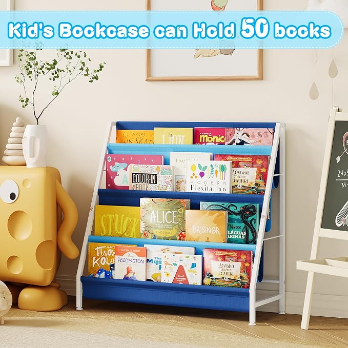 Aokitsink Kid Bookshelf for Kids Rooms, 4-Tier Blue Montessori Bookshelf,Toddler Children Bookshelf,Metal Kid's Book Storage Organizer for Boys Room Furniture Playroom Kindergarten