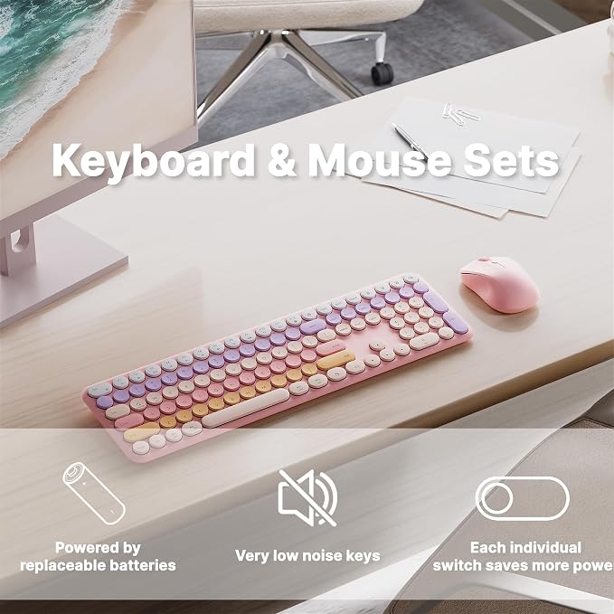 Wireless Keyboard and Mouse Combo with 110 Round Keycaps, Power Switch, and Scissor-Switch Typing Feel – Ideal for Office Use (Peach Pink)
