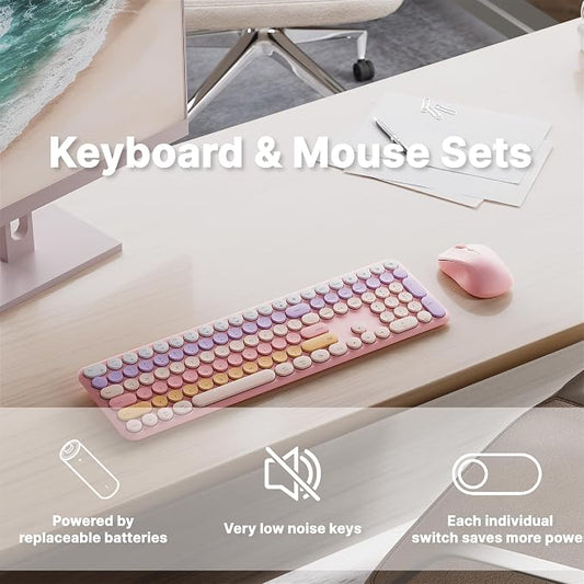 Wireless Keyboard and Mouse Combo with 110 Round Keycaps, Power Switch, and Scissor-Switch Typing Feel – Ideal for Office Use (Peach Pink)