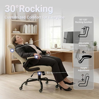 Big and Tall Office Chair for Heavy People, 400LBS High Back Extra Wide Executive PU Leather Office Chair with Flip-Up Armrests, Quiet Rubber Wheels, Comfortable Home Office Desk Chair (White)