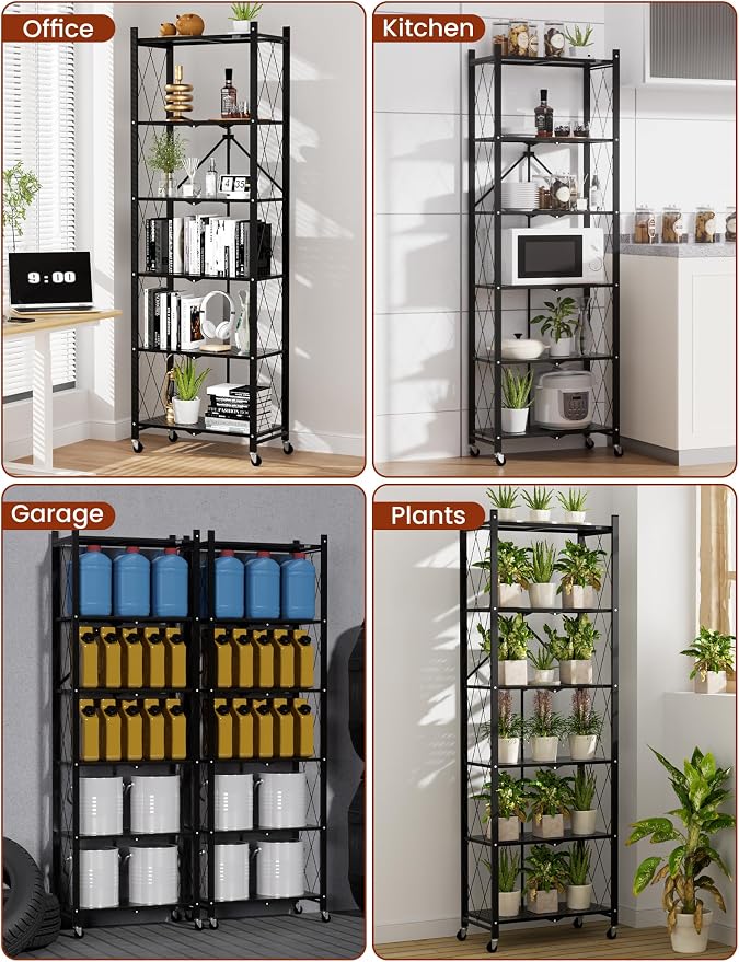 ALANNG 73.6 Inch Folding Bookshelf, 6 Tier Metal Bookcase and Bookshelves, Tall Shelves for Living Room Office Bedroom, Heavy Duty Book Shelve Free Standing Open (Black, 4PACK)