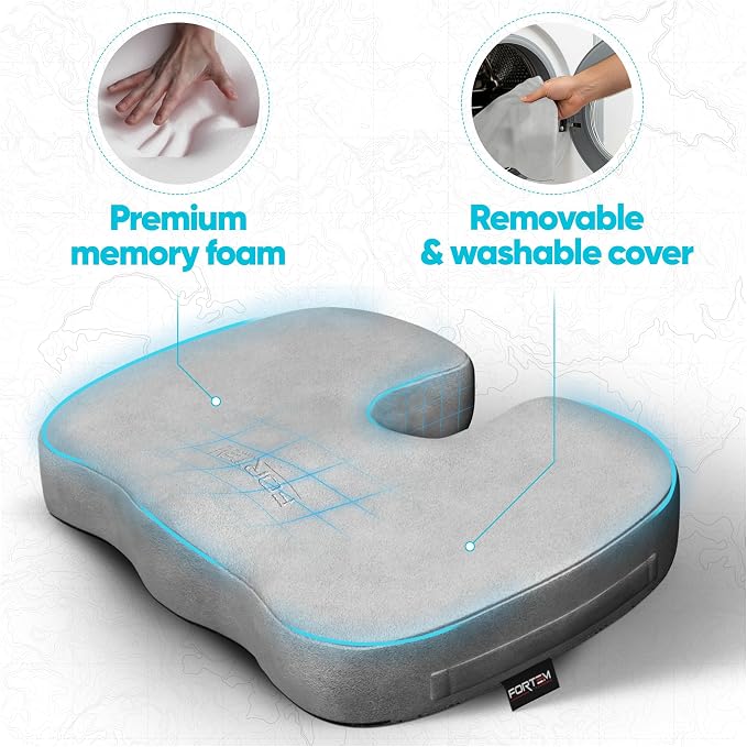 FORTEM Seat Cushion, Office Chair Cushion, Memory Foam Car Seat Cushions, Sciatica Coccyx Tailbone Pain Relief, Chair Cushions for Back Support, Sitting Pad for Gaming, Washable Cover, Non Slip