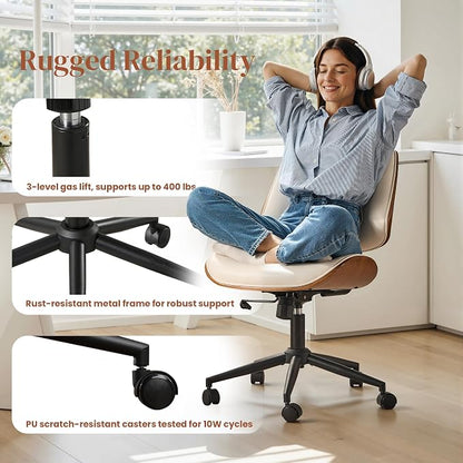 Armless Office Chair with Wheels, PU Leather Adjustable Height Desk Chairs, Modern Walnut 360° Swivel Mid Back Computer Chair for Small Space Meeting Room, Beige