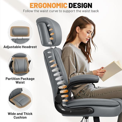 BestGlory Ergonomic Office Chair, PU Leather Executive Desk Chair with Adjustable Headrest, Flip-Up Arms and Lumbar Support, High Back Computer Chair for Home Office, Remote Work, Gaming, Grey