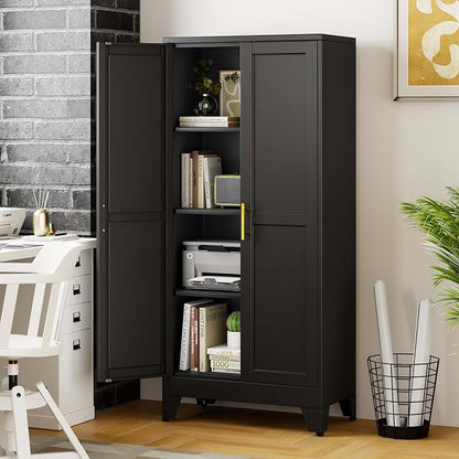pozdeg 61" Tall Metal Storage Cabinet with 2 Doors & 3 Adjustable Shelves, Steel File Cabinet Multipurpose Organizer for Home Office Garage (Black)