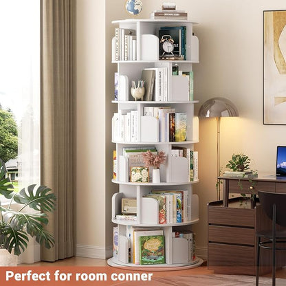 Besiost Rotating Bookshelf Tower, 6 Tier Spinning Bookcase, Revolving 360 Book Shelf Narrow Tall Bookcase, Vertical Turning Round Bookshelf Organizer, Wood Corner Bookshelf for Small Space, White