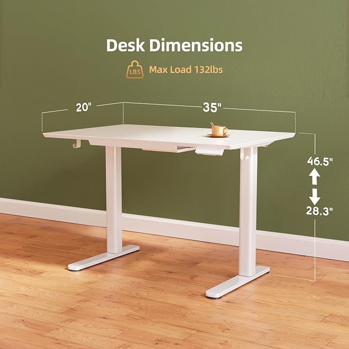 INNOVAR Glass Standing Desk with Drawers, 35×20 Inch Adjustable Stand Up Desk, Quick Install Home Office Computer Desk, White