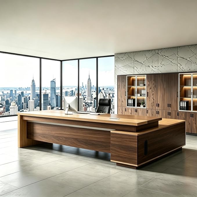 L Shaped Executive Desk with Drawers, Modern Large Wood Home Office Desk, Computer Desk with Storage for Boss Office Workstation