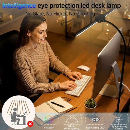 LED Desk Lamp for Home Office, Eye-Care Architect Light with Clamp, Double Head Computer Monitor Table Light with 3 Color Modes 10 Brightness, Adjustable for Reading, Study, Drafting, Workbench, Black