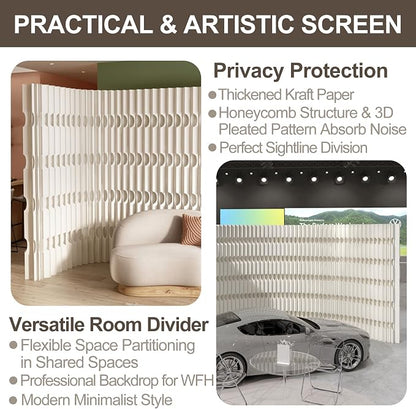 Foldable Accordion Room Divider, Wave-Shaped Freestanding Privacy Screen, Portable Paper Partition Wall, No Drilling Temporary Room Separator for Modern Home Office, Studio, Apartment, White