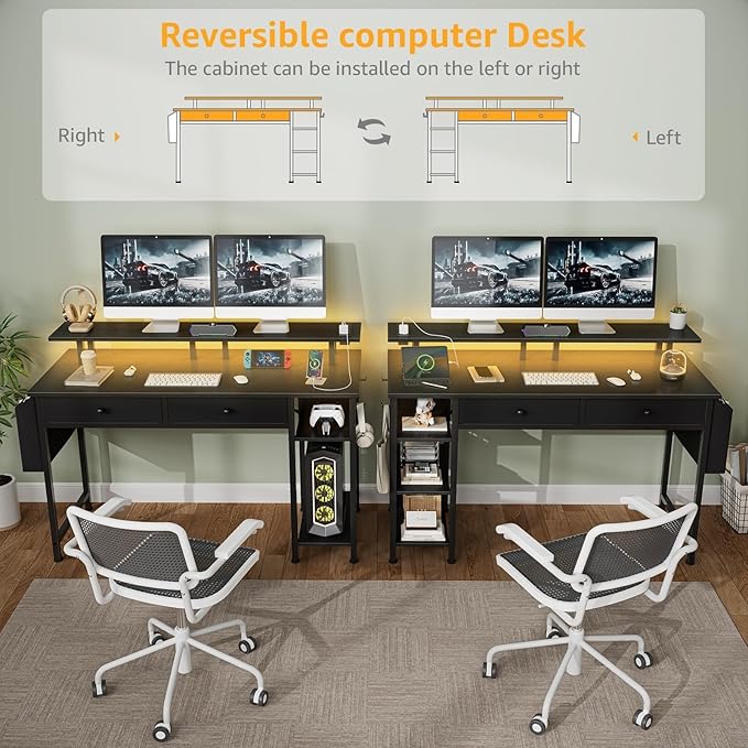 DLisiting Black Gaming Desk with Shelves and Drawers - 39 Inch Small Gaming Desk with Storage Shelves for Boys Teens Bedroom, Black Computer Desks with Drawers, Monitor Stand, Power Outlet