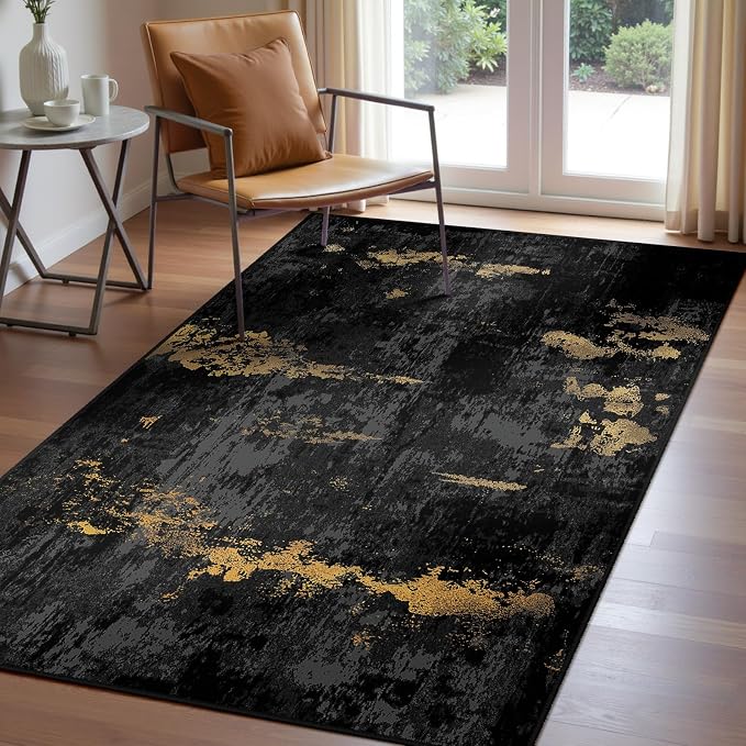 RELEANY Washable Area Rugs 3'x5' Non-Slip Modern Abstract Soft for Living Room Entryway Bedroom Kitchen, Print Pattern, Dark Black Gold