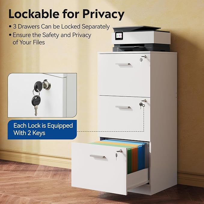 DEVAISE Wood File Cabinet with Lock, Vertical 3 Drawer Filing Cabinet for Home Office, Office Printer Stand for Letter and A4 Size (White)