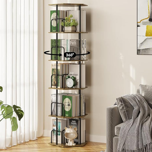 SUNMORY 5 Tier Rotating Bookshelf Tower, Revolving 360 ° Spinning Bookcase, Hexagonal Corner Book Shelf Storage Carousel, Vertical Rotate Turning Organizer Book Shelves for Living Room Office Bedroom