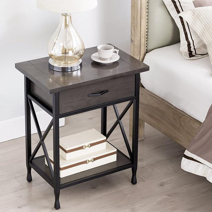 Leick Home 23022 Chisel & Forge One Drawer Nightstand with Shelf, Smoke Gray and Matte Black