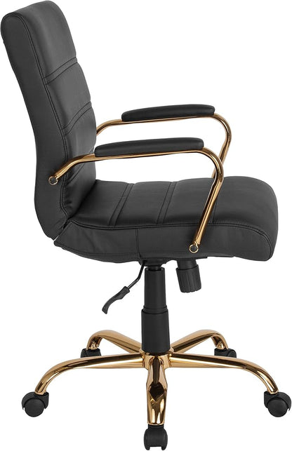 Flash Furniture Whitney Mid-Back Swivel LeatherSoft Desk Chair with Wheels, Padded Seat and Armrests, Adjustable Height Padded Office Chair, Black