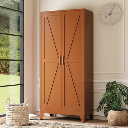 Baborokic 71H Tall Metal Storage Cabinet with 2 Doors and Adjustable Shelves,Farmhouse Storage Cabinet with Barn Doors,Pantry Storage for Home,Office,Dining Room,Kitchen(Rustic Brown)