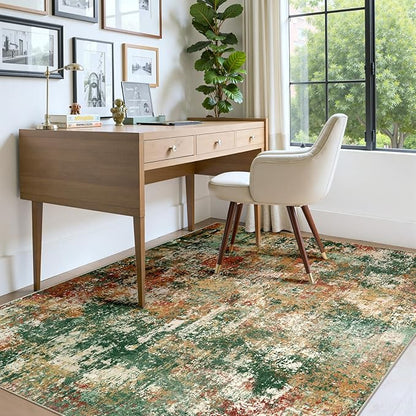 RELEANY Washable Area Rugs 4'x6' Non-Slip Modern Abstract Soft for Living Room Entryway Bedroom Kitchen, Print Pattern, Green Orange Rust Red Cream Colorful